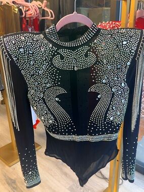 Embellished Black Rhinestone Long-Sleeve Bodysuit